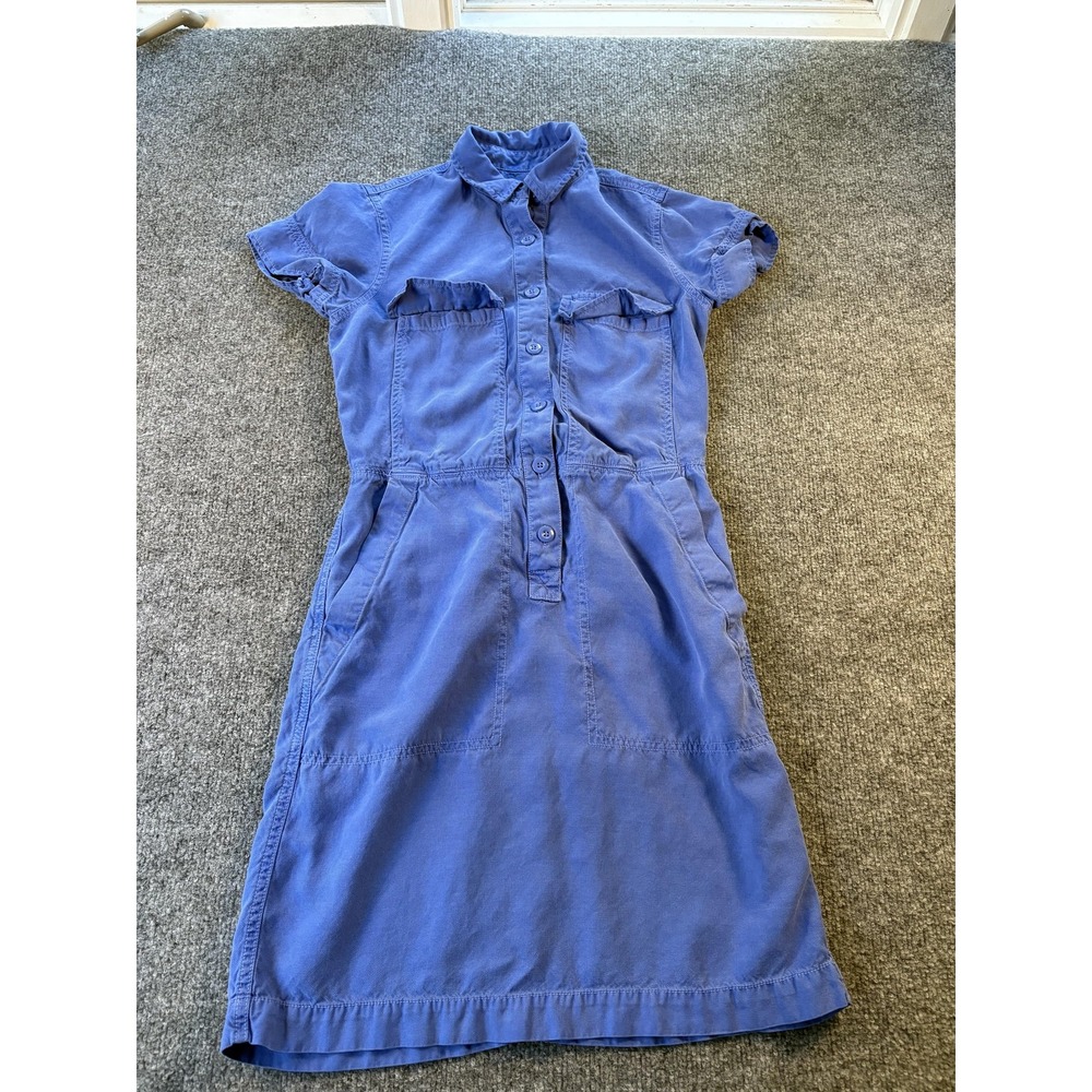 J Crew Dress Womens 00 Blue Short Sleeve Lyocell Button Front Utility Pockets